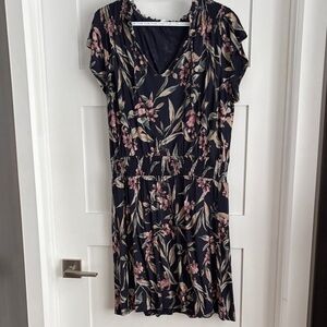 Reitmans Black Floral V-Neck Smocked-Waist Mini Dress with Pink Blooms